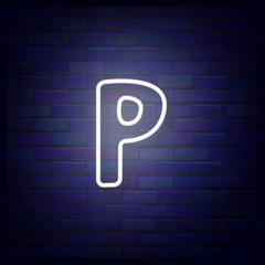 Neon letter P on brick wall. Shiny grey logotype. Cute handwritten text. Simple white shape. Vector illustration - obrazy, fototapety, plakaty