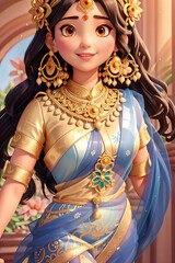 front view ultra detailed goddess sita with White holographic Sari flying, Smooth long dress, Goddess Sita - Divine beauty, Radiant complexion - Golden and pure, Expressive eyes - Compassionate and wi