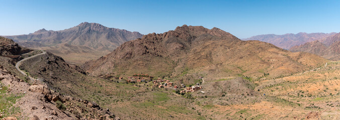 Great panoramic view of Ammeln valley in the Anti-Atlas mountains in spring