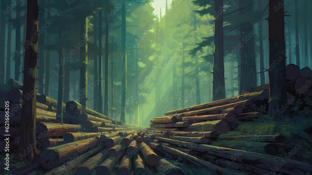 Poster fantasy landscape with a wooden path in the forest. 3d render generative ai