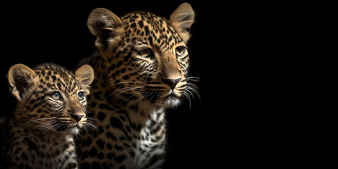 Naklejka premium Portrait of two leopards or jaguars on an isolated black background. Generative AI