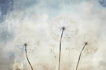 White dandelions on a blue grunge background. Art