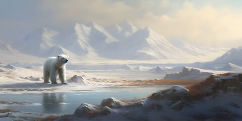 In the vast expanse of the Arctic tundra, a solitary Polar Bear traverses the icy terrain, its pure white fur blending seamlessly with the snow-covered landscape.