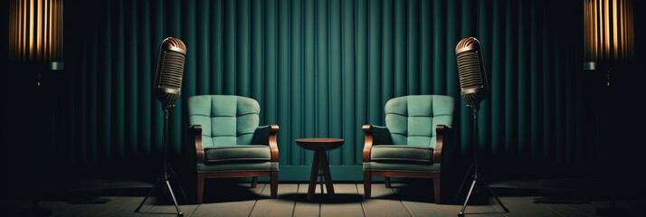 A dark-style room with two chairs and microphones for podcasts or interviews. Generative AI