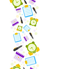 paper, clock, pen, and calendar vertical seamless pattern on white background. vector abstract illustration.