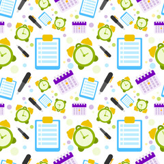 paper, clock, pen, and calendar seamless pattern on white background. vector abstract illustration.