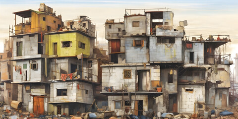 Income inequality, A stark contrast between luxurious mansions and dilapidated shanty houses, A crowded urban slum, A sense of disparity and unfairness - obrazy, fototapety, plakaty