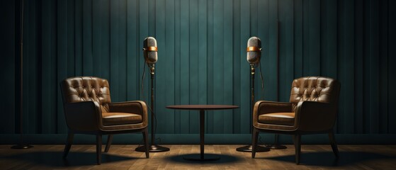 A dark-style room with two chairs and microphones for podcasts or interviews. Generative AI