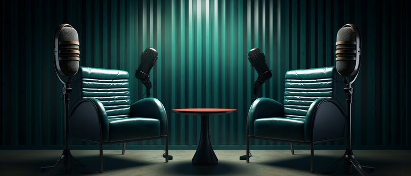 A dark-style room with two chairs and microphones for podcasts or interviews. Generative AI