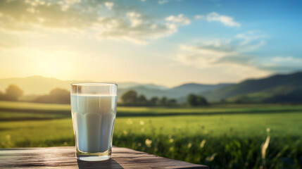 A glass of cow's milk on the background of the mountains of the new quality universal colorful festive image design illustration, generative ai