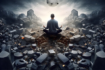 Mind Over Matter: Person meditating amidst chaos, demonstrating the power of mindfulness and mental focus. Generative ai. - obrazy, fototapety, plakaty