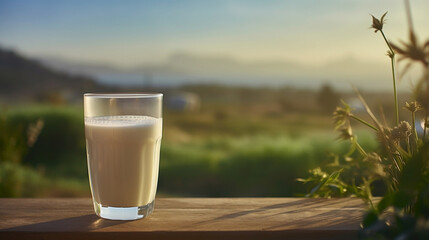 A glass of cow's milk on the background of the mountains of the new quality universal colorful festive image design illustration, generative ai