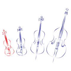 Continuous line drawing of the bowed strings family of instruments: violin, viola, cello and double bass, isolated on white. Hand drawn, vector illustration