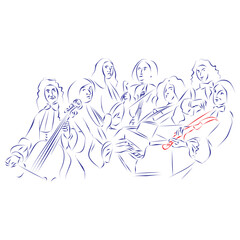 Fototapeta na wymiar Continuous line drawing of a group of musicians playing baroque instruments, isolated on white. Hand drawn, vector illustration