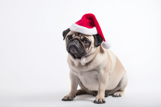 Cute pug dog in santa hat on white background. Merry Christmas concept. Generative AI