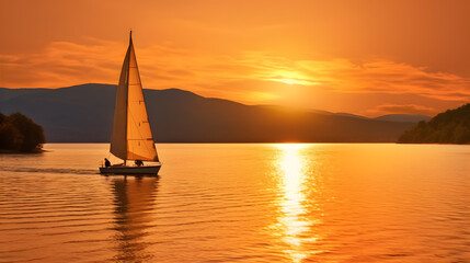 Obraz na płótnie Canvas Sailing on a Tranquil Lake at Sunset, with a warm orange glow reflecting off the calm water