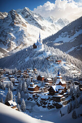 Fototapeta premium a little town covered with snow at the top mountains