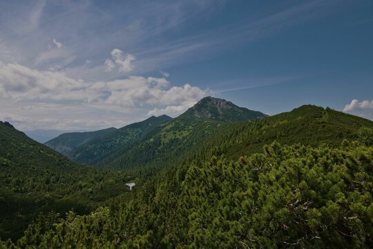View to Siv&yacute; vrch mountain peak and mountain lake near to Town Zuberec. 1805 metres above the sea. Rohace, Tatra high mountains, Slovakia.