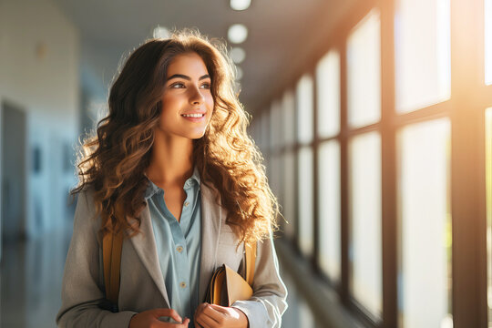 Female high school student standing in modern College or University hallway. Generative AI illustration
