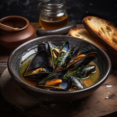 Exquisite dinner of mussels in broth with grilled sourdough bread. Traditional barbecue italian blue mussel in wine sauce with baguette bread. Realistic 3D illustration. Generative AI - obrazy, fototapety, plakaty