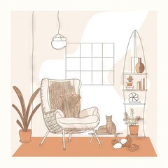  a drawing of a cat sitting in a chair in a living room with a cat on the floor next to a plant and a lamp.  generative ai