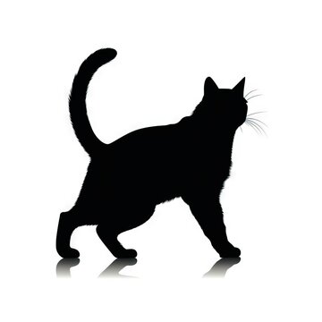  a black cat standing on its hind legs and pawing at the viewer's head, silhouetted against a white background, with a reflection of its tail and tail.  generative ai