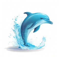  a dolphin jumping out of the water with a splash of water on its back and its head above the water, with a white background.  generative ai