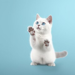  a white cat with blue eyes and paws up in the air with its paws up in the air, on a blue background with a shadow.  generative ai