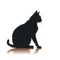  a black cat sitting on top of a white floor next to a mirror and a light bulb in the corner of the picture and a reflection of the cat.  generative ai