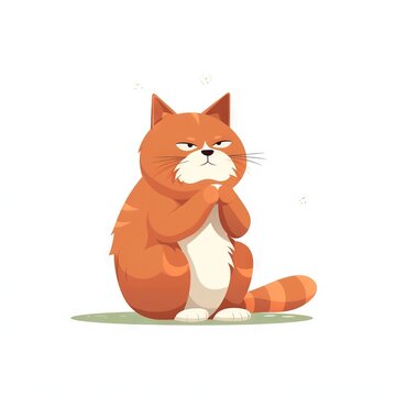  a red and white cat sitting on the ground with its arms crossed and eyes closed, looking at the camera with a sad look on its face.  generative ai