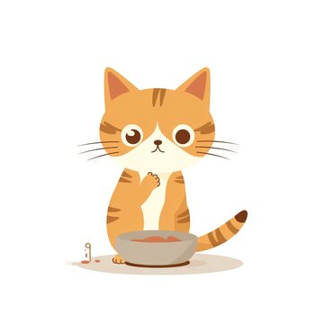  a cat eating out of a bowl with its paw on the bowl and a number on the floor below it, with a white background.  generative ai