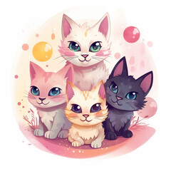 Fototapeta premium Generative AI illustrations, Cute cat cartoon characters illustrations set.