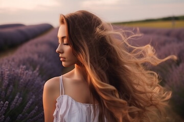 Young pretty woman with long hair standing near lavender field
