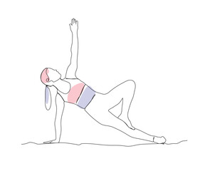 Women workouts Continuous line drawing. young girl doing yoga line art vector. Body care line art drawing. healthcare concept line art