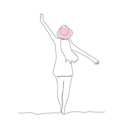 A girl with a hat on the beach continuous line art drawing. girl on beach line art vector. girl single line art.