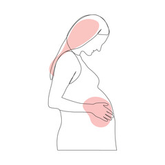 Young happy smiling pregnant woman continuous line drawing. pregnant woman hugging belly line art vector. pregnant woman single line art.