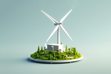 Wind mill, wind turbine. Renewable wind energy. Green alternative energy concept. Cartoon model wind power station with long vanes near green forest. Minimal background. AI generated