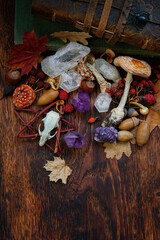 magic witch items and crystals on old wooden background close up. Witch Ritual for healing energy, soul and mind relax. Esoteric practice, witchcraft. autumn season, Halloween, Samhain concept