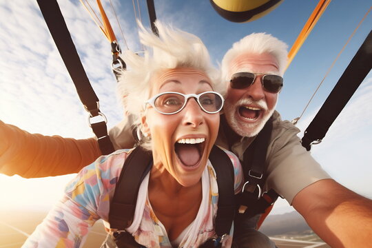 Selfie skydiving tandem of an elderly couple