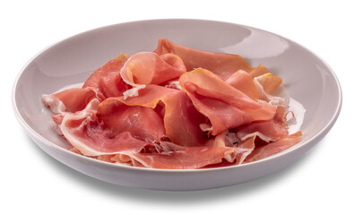 Slices of Parma ham in white dish isolated