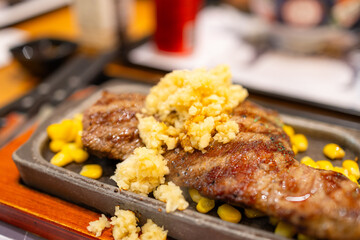 Pan grill beef steak serve on the table