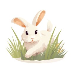  a white rabbit sitting in the grass with its eyes wide open and ears wide open, looking at the camera, with a white background.  generative ai