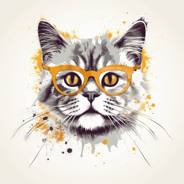  a cat with glasses on its face and a splash of paint on the background of the image is a watercolor drawing of a cat with orange glasses.  generative ai