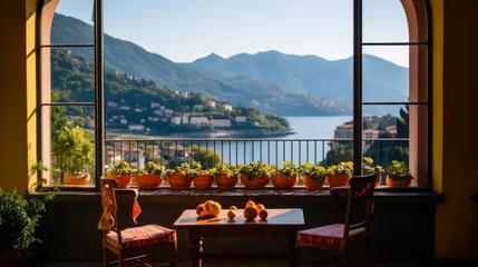 Keuken spatwand met foto View through an open window of restaurant on the ocean front hilltop, Italy, along the Coast. © Chich