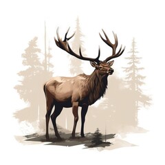  a large elk standing in the middle of a forest filled with tall grass and tall trees, with a white background, is shown in the foreground.  generative ai