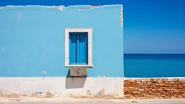 blue window on island with ocean scenic view colorful 