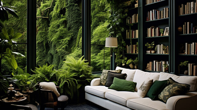modern dark and cozy living room wit bookshelf and plants