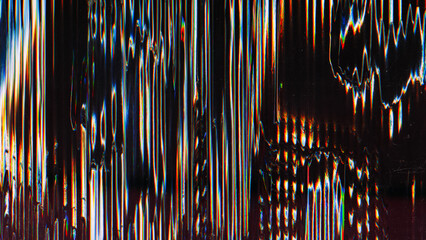 Glitch screen. Blurred lines. Distortion noise. Black background with gradient rainbow interference zigzag ribbed signal error texture.