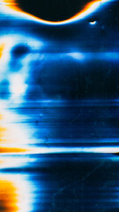 Glitch overlay. Light flare design. Distortion noise. Dark background with neon blue orange blurred smearing cover pattern free space.