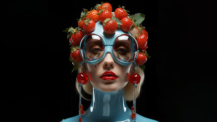 Gesicht einer schönen Frau mit Futuristischen Kopfschmuck mit Tomaten Design Nahaufnahme, ai generativ - obrazy, fototapety, plakaty